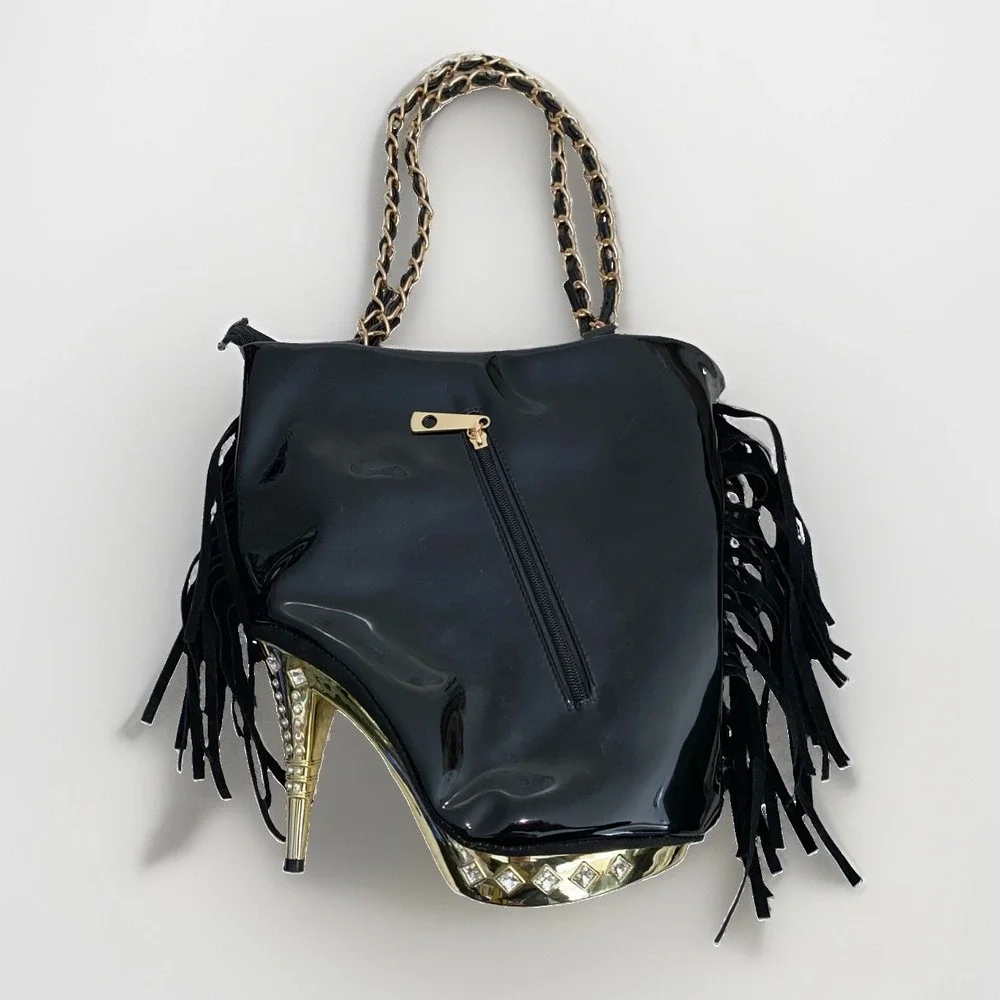 Rare Everything Blings Boutique Gold Stiletto Bling Handbag Black Fringe Purse